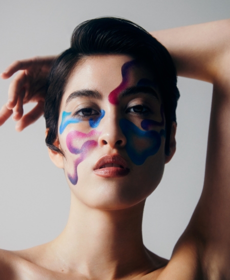 beauty editorial portrait colourful lines blue purple and magenta