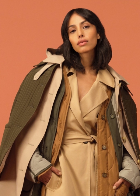 Hudson Bay fashion campaign trench coat layering