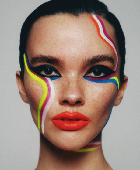 Beauty portrait colourful lines, red lips and black eye liner
