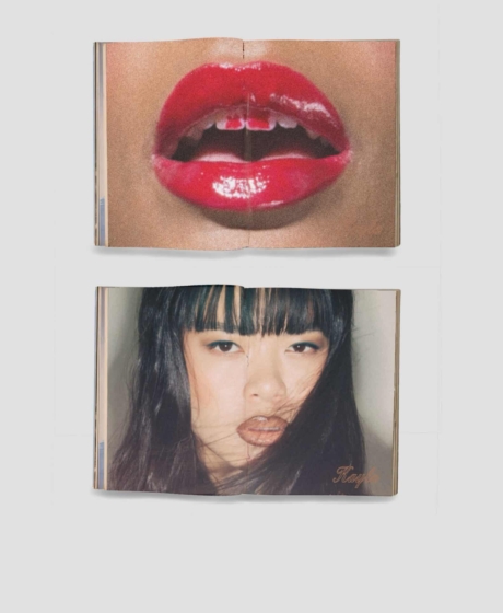 two opened magazines featuring double page closeup red lips makeup and portrait beauty shot with brown lip liner