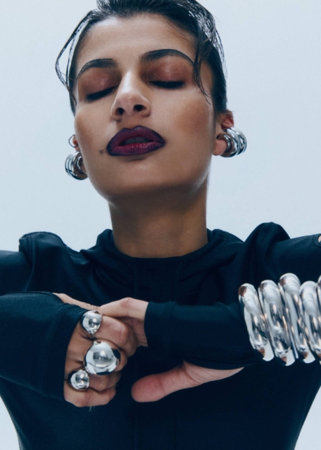 Angles Fashion Editorial Portrait silver jewelry black lip liner