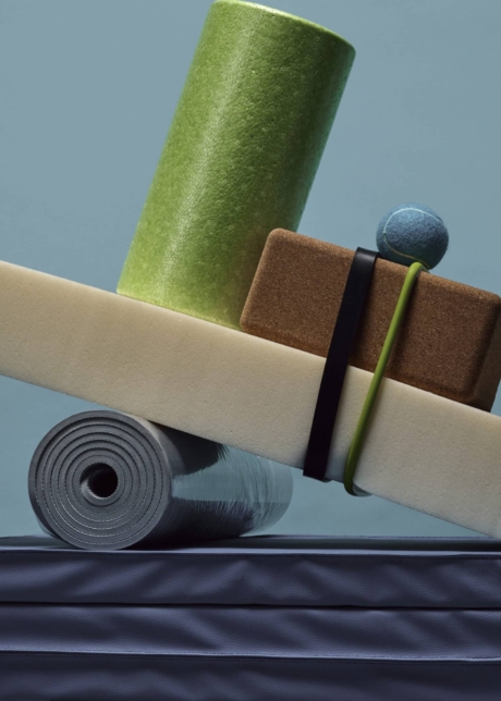 Set design and prop styling for blue, green and neutral equipment