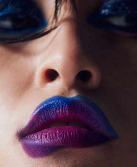 purple blue gradient lip makeup detail shot closeup
