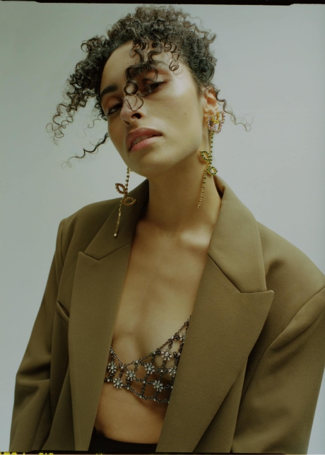 Fashion Editorial oversized blazer luminous skin curly hair updo