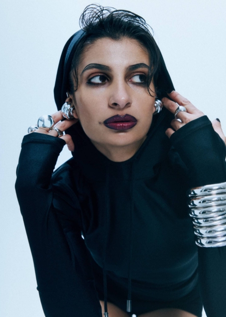 Angles Fashion Editorial Portrait silver jewelry black lip liner