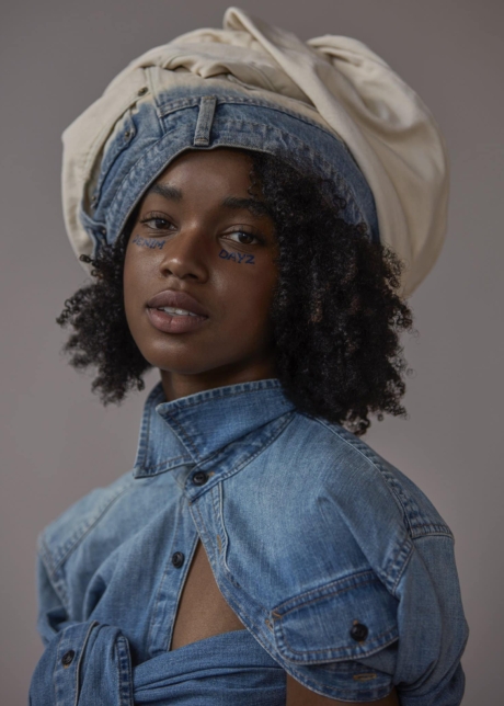 Fashion editorial denim o n denim black curly hair model